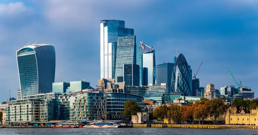 London skyline with office towers along the River Thames
